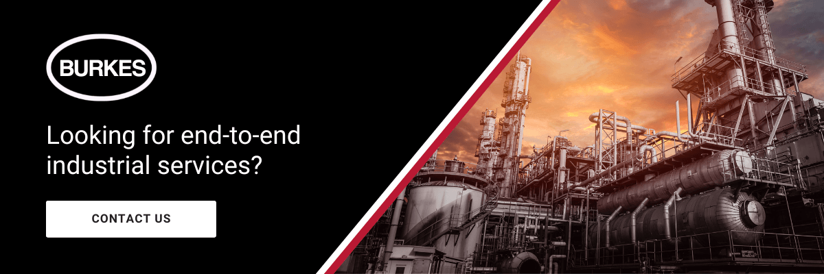 Burkes Mechanical industrial services call-to-action graphic showing a large facility with the message “Looking for end-to-end industrial services?” and a Contact Us button, promoting Burkes Mechanical’s mechanical, electrical, fabrication, and crane services across the Southeast.